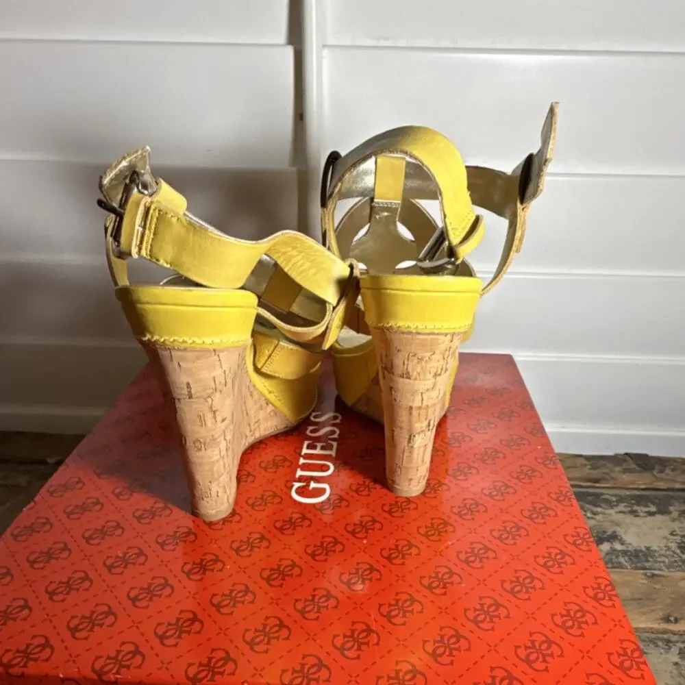GUESS Yellow Leather Strappy Wedge Sandals Buckle Women's Size 7.5M